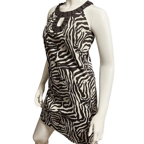 LOFT Mini dress Beaded Keyhole Neckline Sleeveless Brown & White size 4P - Picture 3 of 8